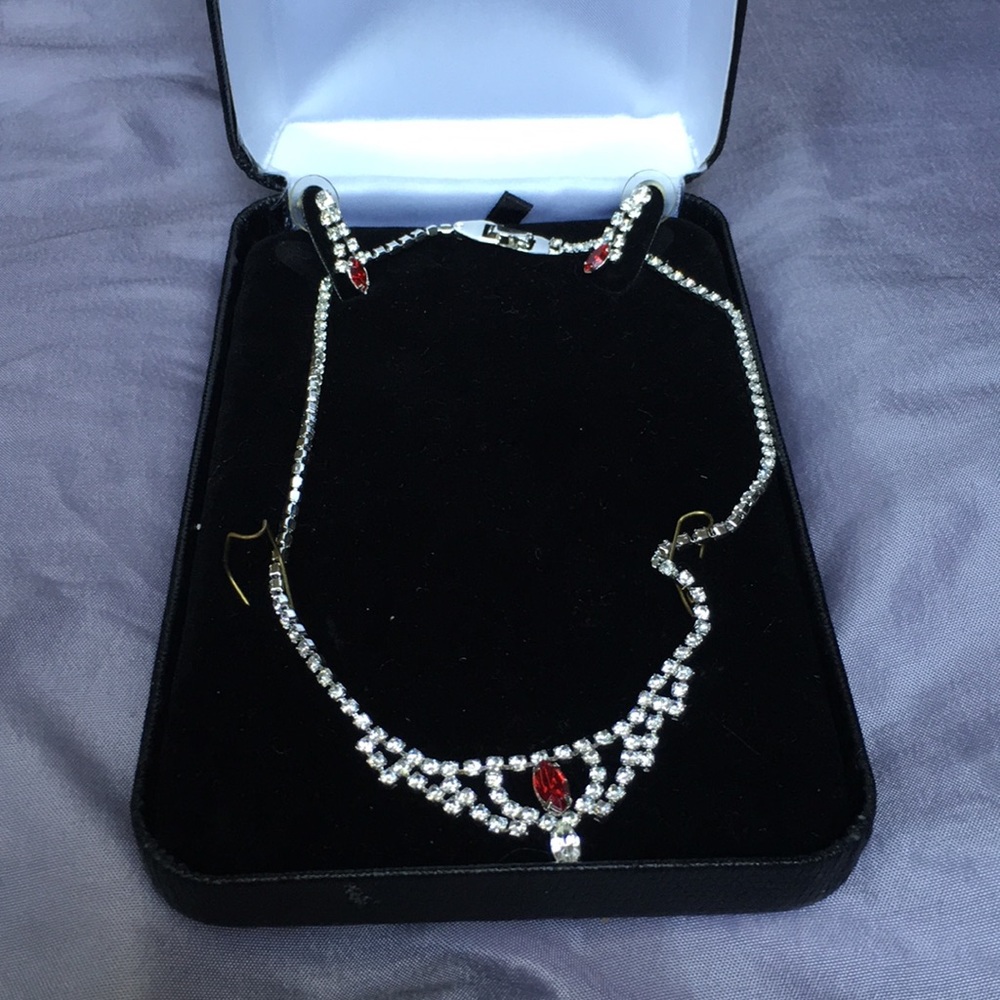 💄Cubic Zirconia Silver Ruby Red jewel Necklace